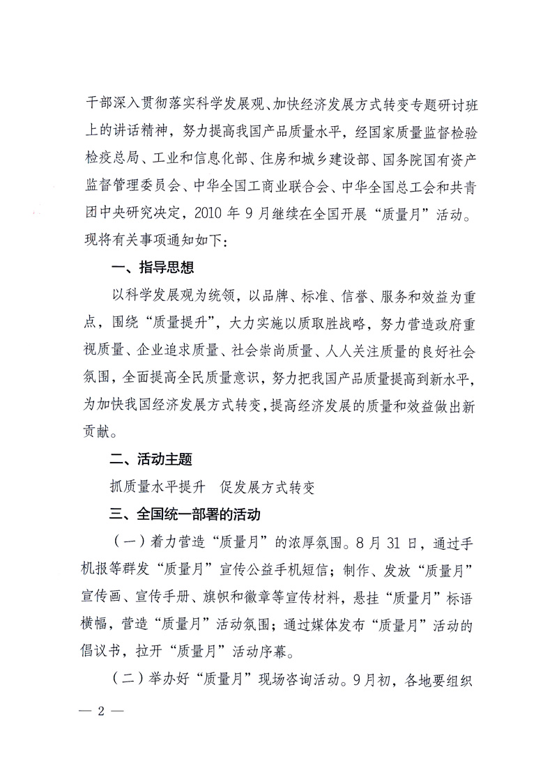 國家質(zhì)量監(jiān)督檢驗(yàn)檢疫總局、工業(yè)和信息化部、住房和城鄉(xiāng)建設(shè)部、國務(wù)院國有資產(chǎn)監(jiān)督管理委員會(huì)、中華全國工商業(yè)聯(lián)合會(huì)、中華全國總工會(huì)、共青團(tuán)中央《關(guān)于開展2010年全國“質(zhì)量月”活動(dòng)的通知》